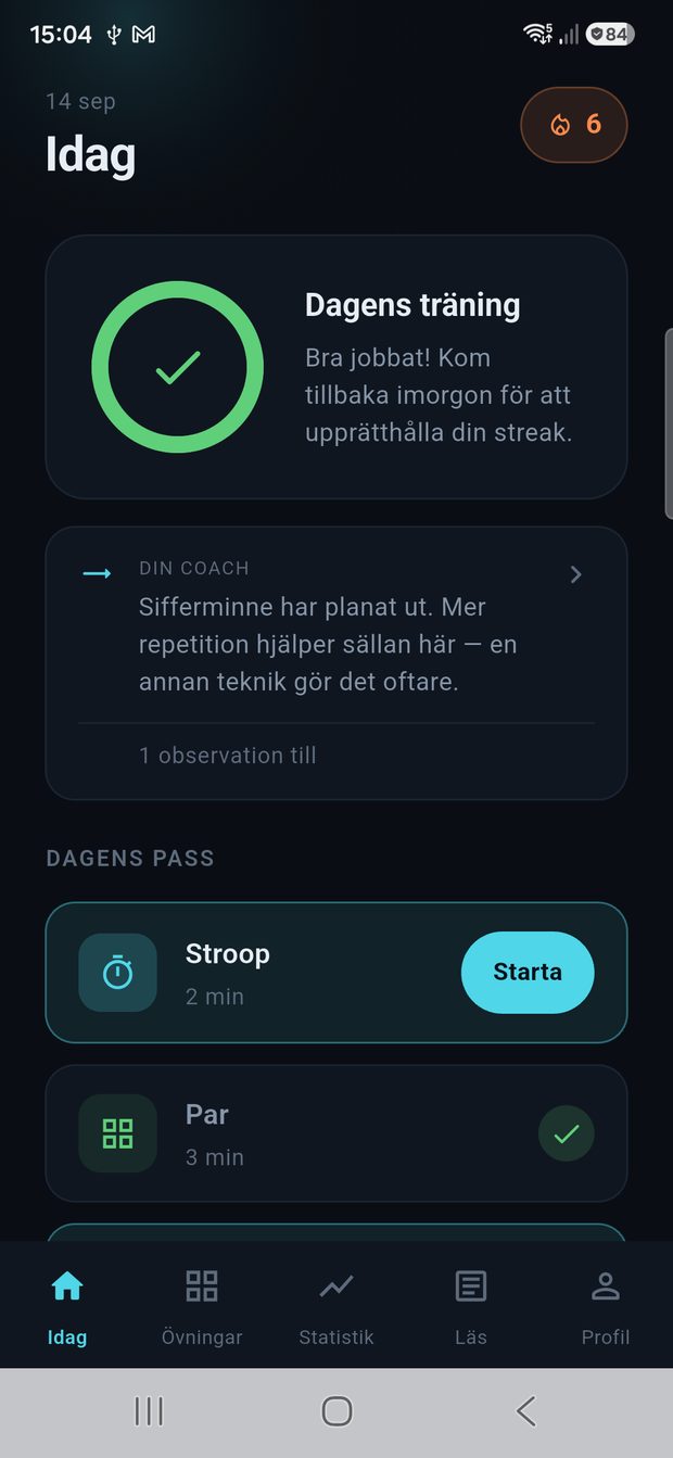 Idag-vyn med dagens pass och din serie