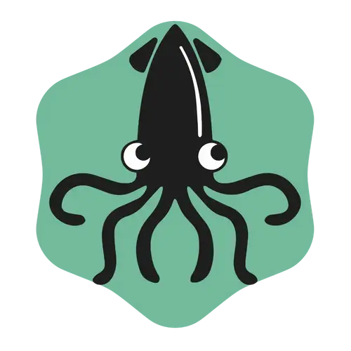 squidfactor logotyp, svart bläckfisk mot grön bakgrund