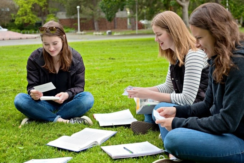 tre studenter pluggar inför tenta med flashcards 