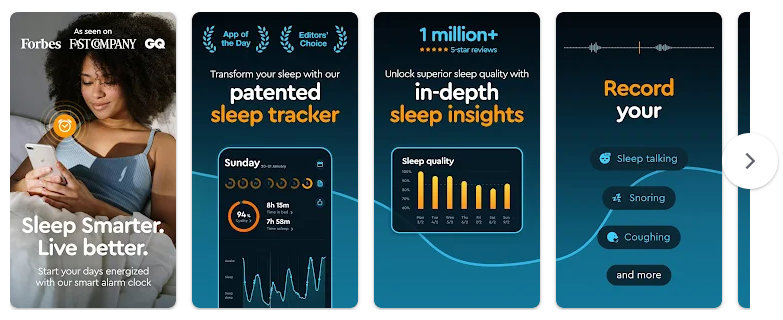 skärmdumpar från appen Sleep Cycle