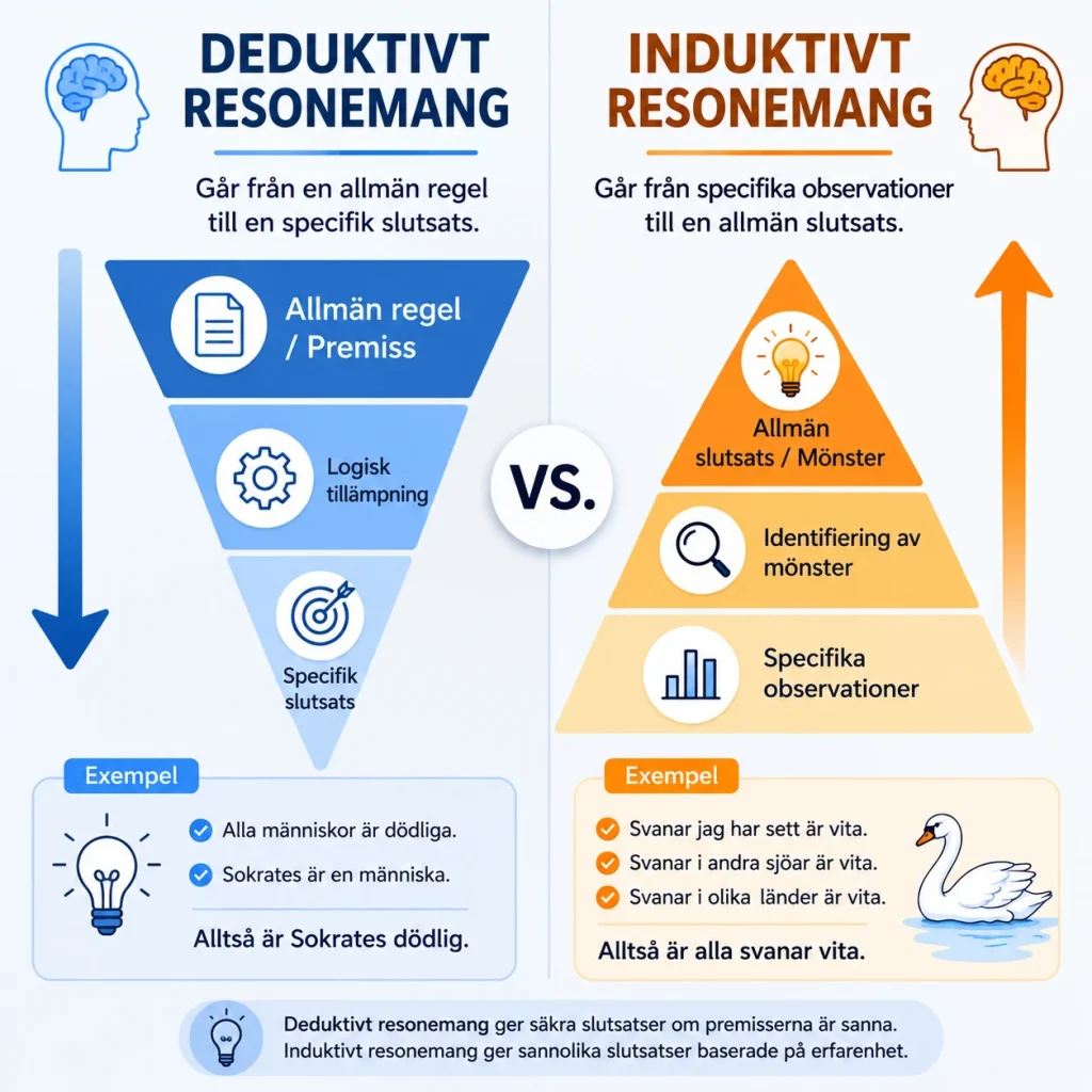 Visar schematiskt skillnaden på induktivt och deduktivt resonemang
